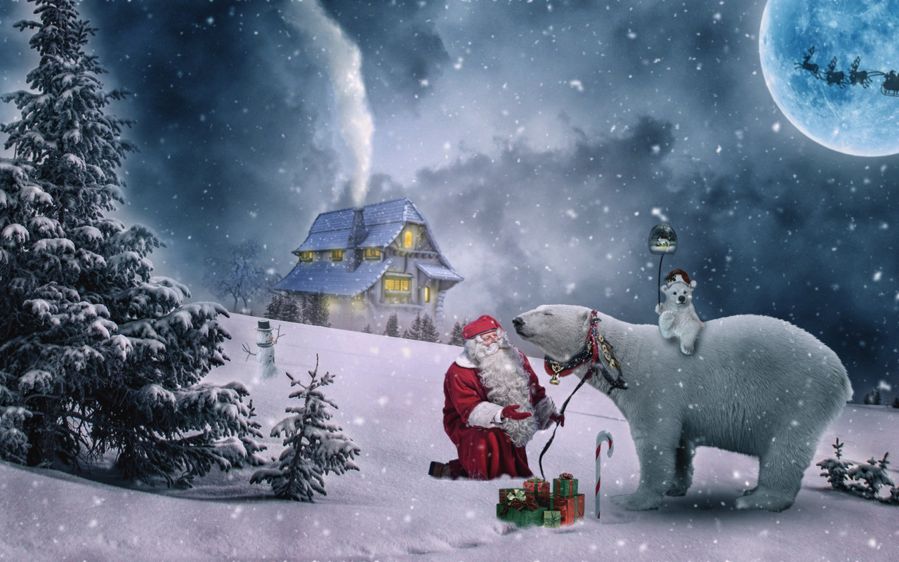 Mikołaj z prezentami i niedźwiedź polarny