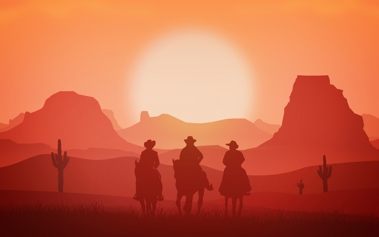 Kowboje podróżują na koniach o zachodzie słońca