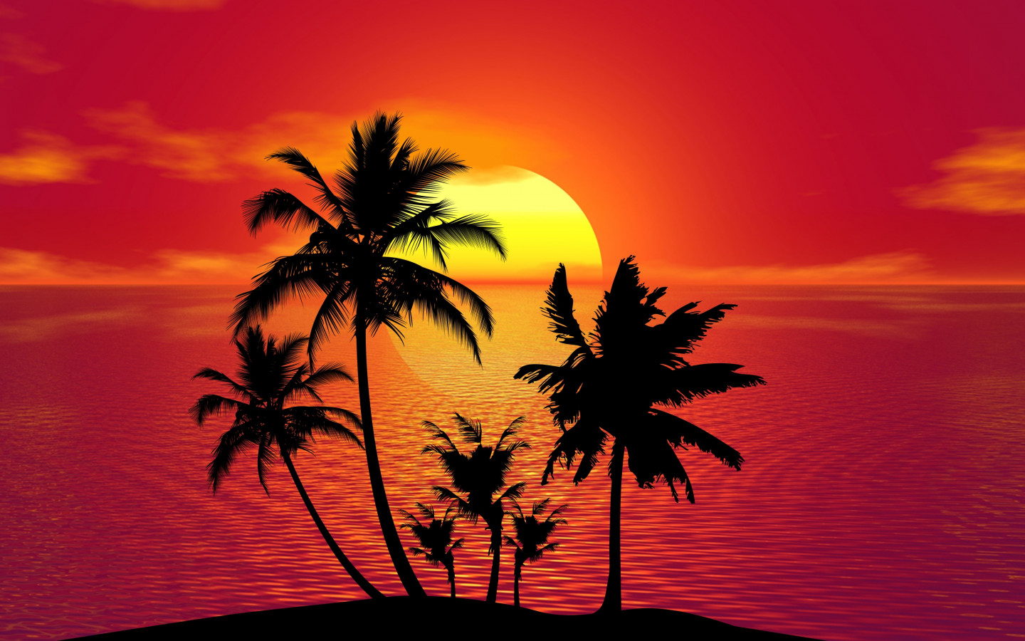 Zachód słońca, tropiki, palmy i ocean