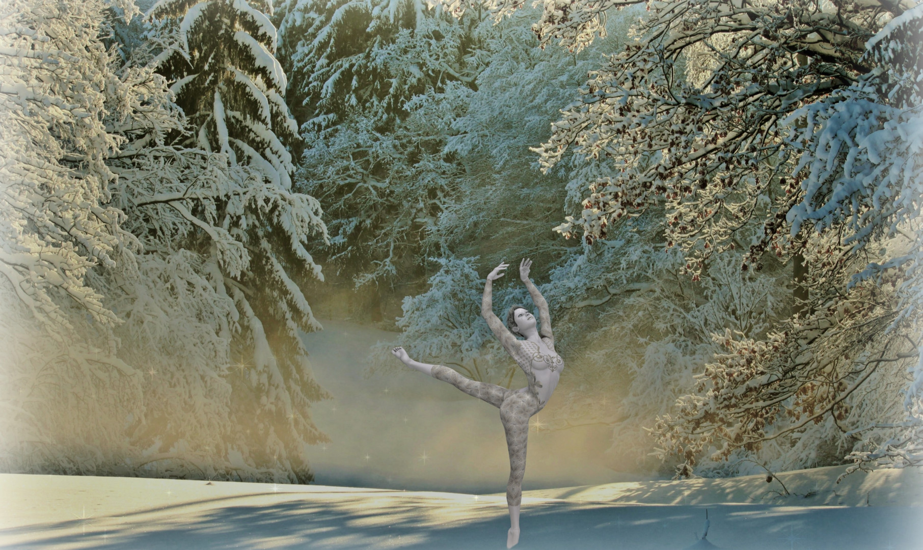 Tańcząca kobieta wokół ośnieżonych drzew
