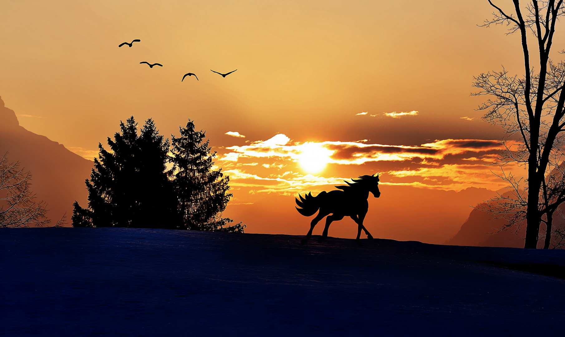 Koń i zachód słońca w górach zimą, Malarstwo