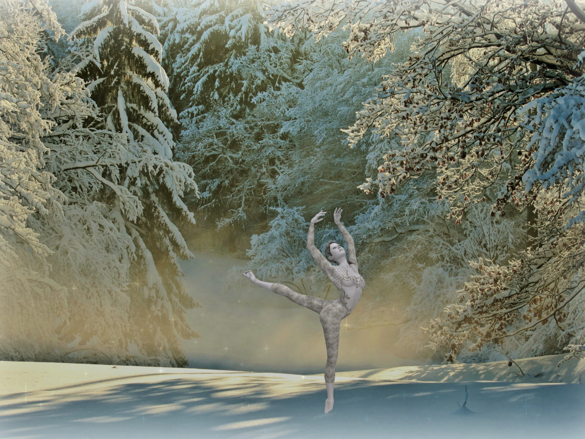 Tańcząca kobieta wokół ośnieżonych drzew