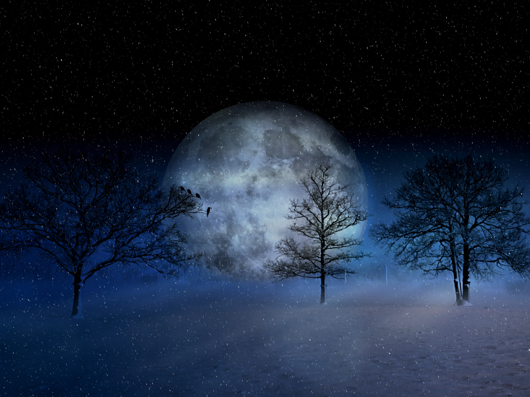 Zima, Księżyc i gwieździste niebo