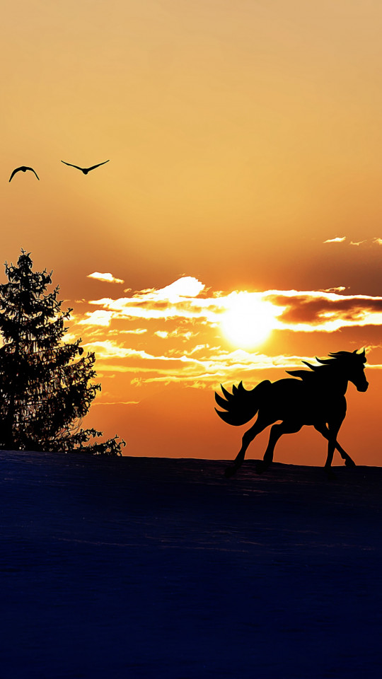 Koń i zachód słońca w górach zimą, Malarstwo