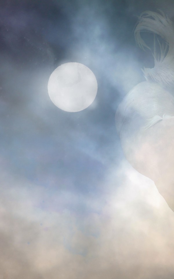 Koń galopujący we mgle, przy pełni księżyca