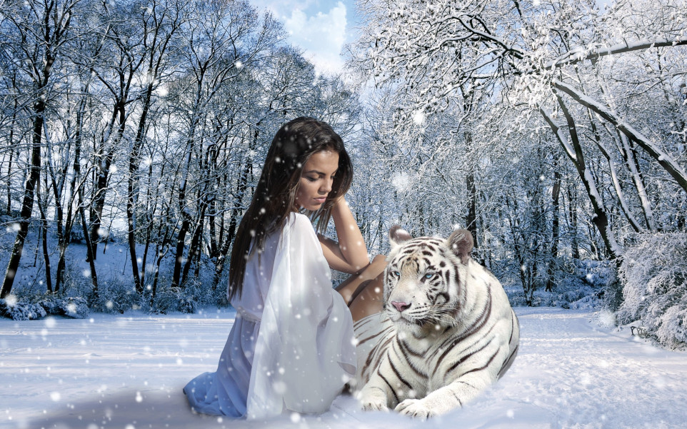 Kobieta, Tygrys, Śnieg i zima