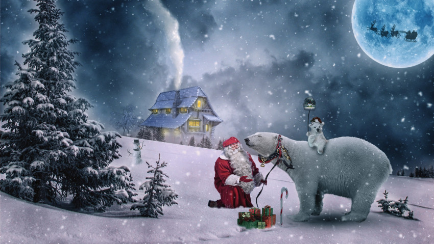 Tapeta Mikołaj z prezentami i niedźwiedź polarny