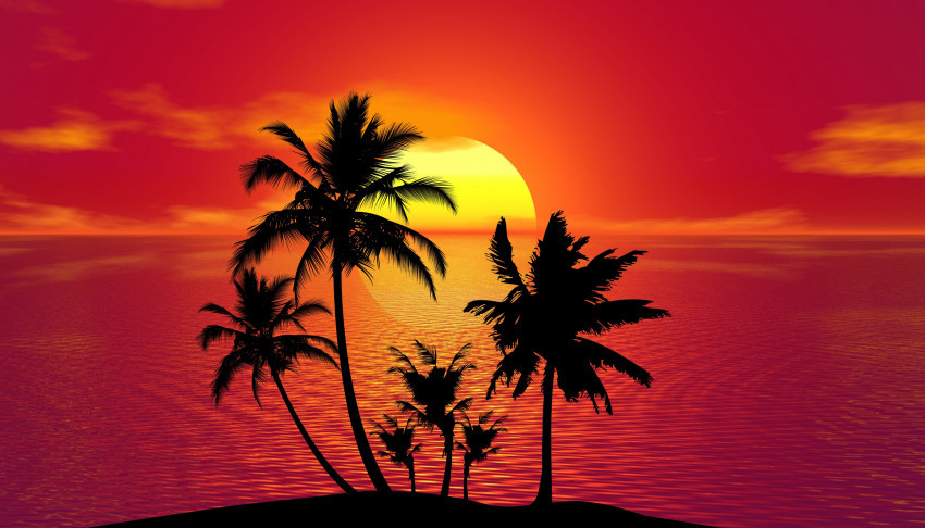 Tapeta Zachód słońca, tropiki, palmy i ocean
