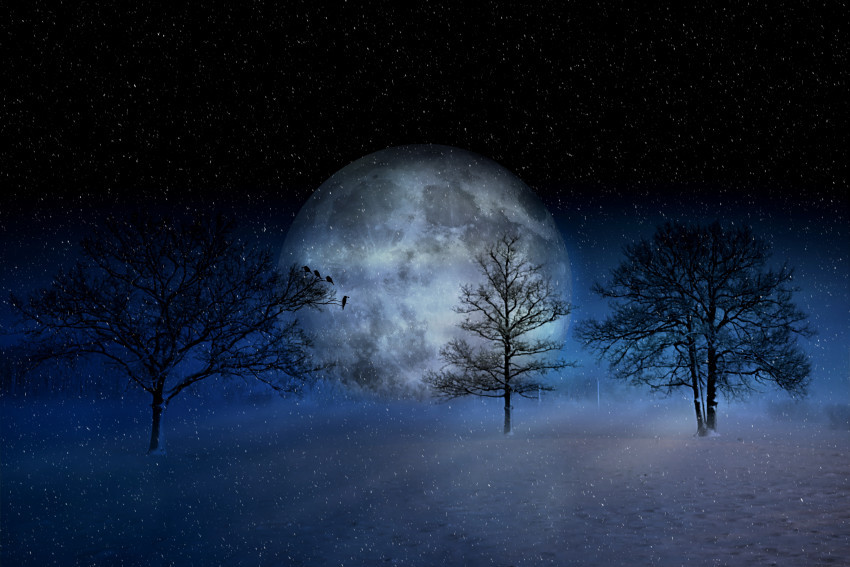 Tapeta Zima, Księżyc i gwieździste niebo