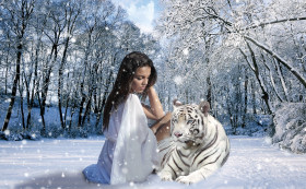 Tapeta Kobieta, Tygrys, Śnieg i zima