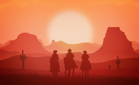 Tapeta Kowboje podróżują na koniach o zachodzie słońca